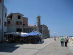 Piran - Preseren Quay (Presernovo nabrezje) - North side of Preseren Quay with lighthouse in background 