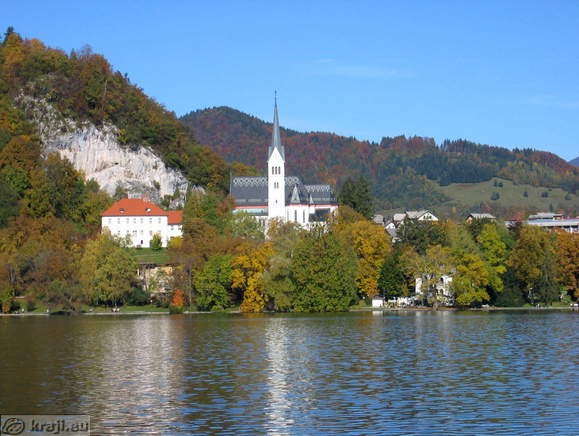 View of the Church of St. Martin from the other side of Lake Bled