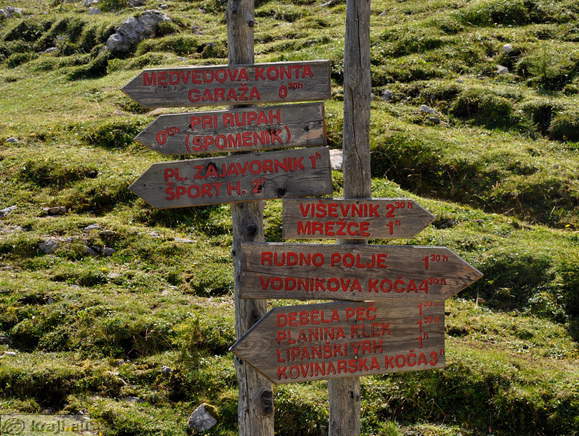 Direction sings - Medvedova konta 0.30h, Debela pec 1.30h, etc.