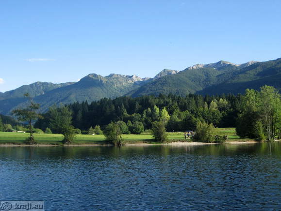 Walking route at north short of Lake Bohinj and Lower Bohinj mountains