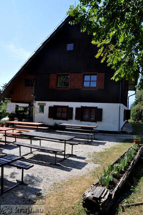Tables and benches in front of the Koca na Uskovnici Mountain Hut