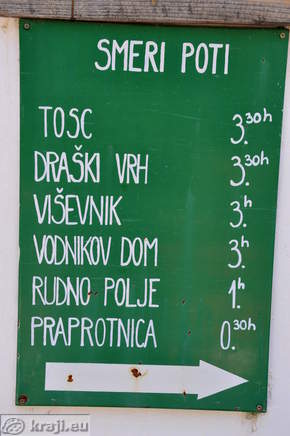 Routes - Tosc (3h30), Draski vrh (3h30), Visevnik (3h), Vodnikov dom (3h), Rudno polje (1h), Praprotnica (0h30)