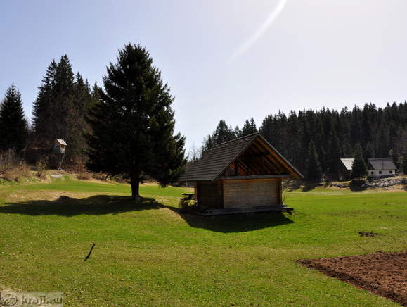 Pogled na travnik in razgledni stolp na levi