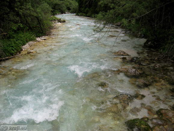 View of Triglavska Bistrica from wooden footbridge