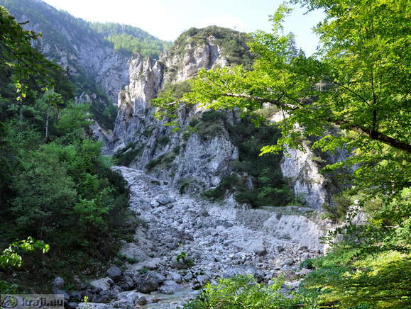 Slap Peričnik-Aljažev dom v Vratih <br> Pobočje na desnem bregu Triglavske Bistrice