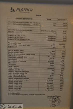 Nordic Centre Planica - Price List (July, 2017) Nordic Centre Planica - Price List (July, 2017)