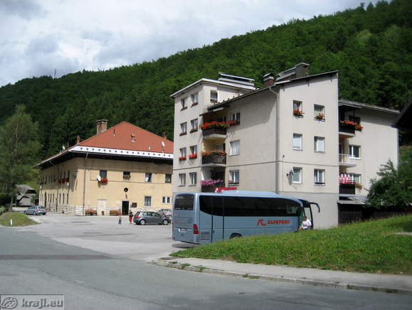 Cultural Centre and bus stop in Kropa