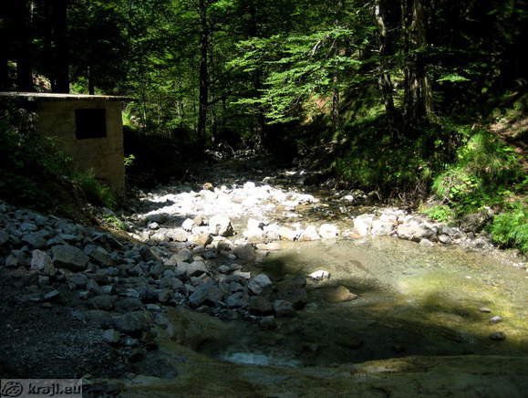 Brook Stegovnik and abandoned house near the waterfall 