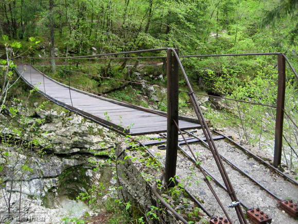 View of the footbridge from the right bank of Soca