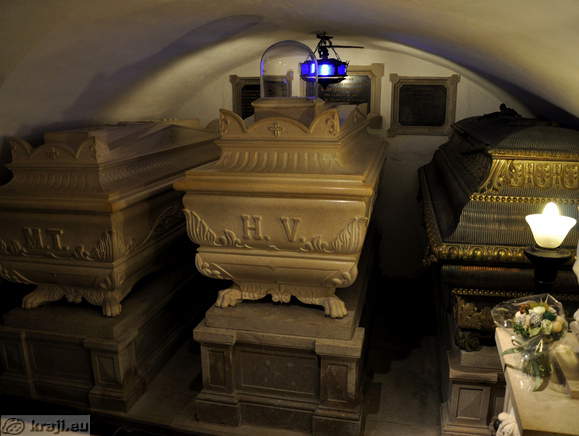 Sarcophagi from left to right: M. T. (Marie Therese Beatrice Gaetana, Archduchess of Austria-Este), H. V. (Henri V, Count of Chambord), (Louise Marie Therese, Duchess of Parma)