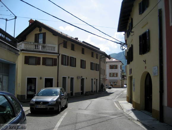 Rutar Street with the building where is memorial plate dedicated to Gabriela Mrak - Tolmin opera singer