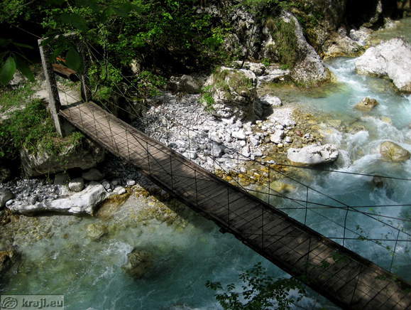 Confluence of Tolminka and Zadlascica <br> Footbridge and Tolminka from the trail to Medvedova glava