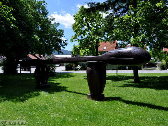 Sculpture near Bistrica river and the Park of culture workers