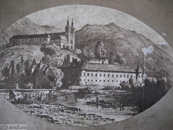 Old photo of castle and monastery in Nazarje