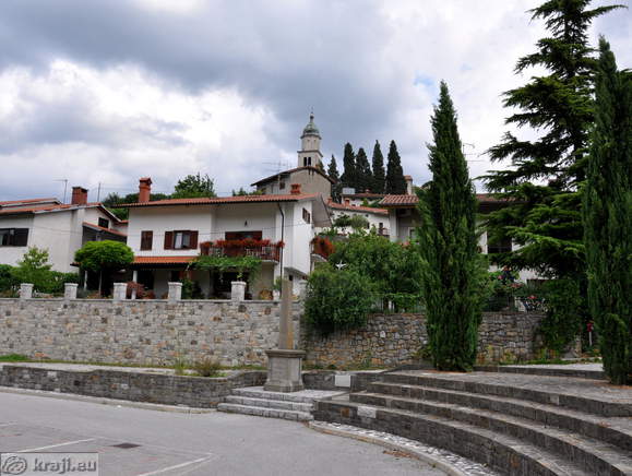 View to the Saint Ulrich Church from the parking area in Branik