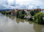 River Drava - Left bank of Drava with Water Tower and Jewish quarter from Tito Bridge 